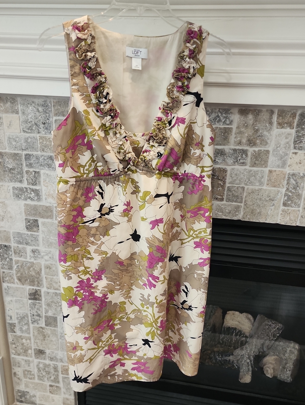 LOFT Floral Ruffle V-Neck Sleeveless Dress in Cream, Pink & Tan